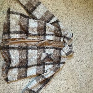 SHEIN Checkered Teddy Jacket - Brown and Cream